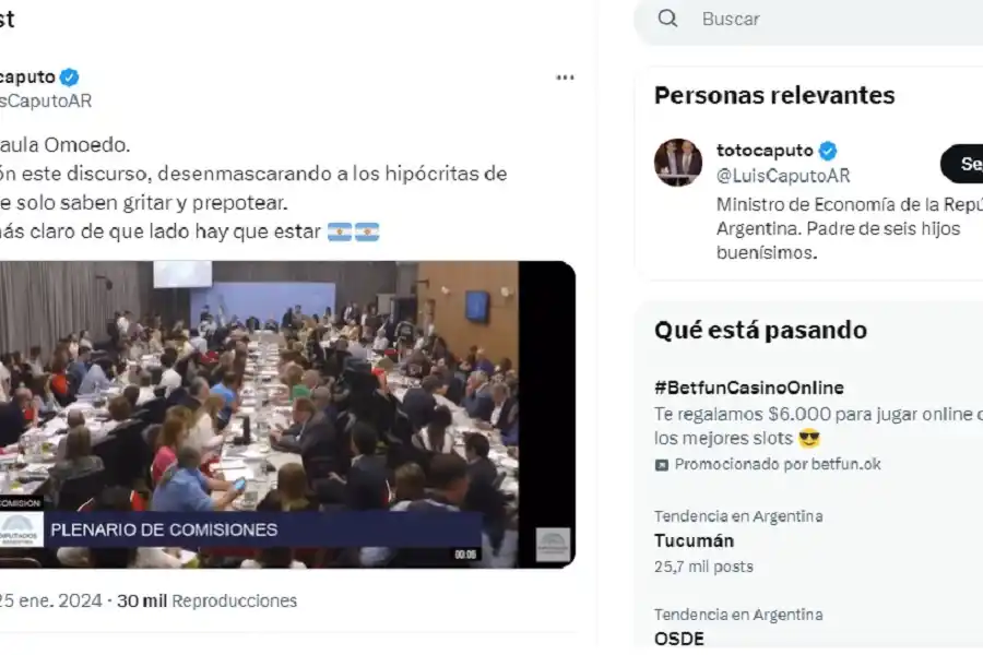 En redes sociales, Caputo destacó el discurso de la tucumana Omodeo durante el plenario de comisiones