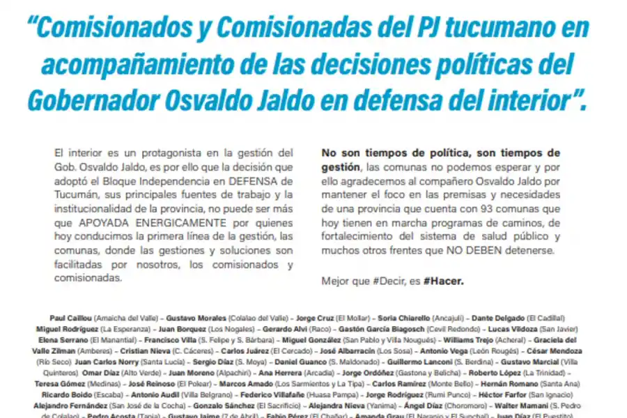 Solicitada: Intendentes y comisionados tucumanos del PJ acompañan las decisiones políticas de Jaldo