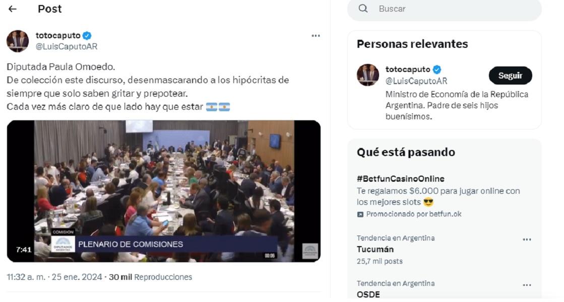 En redes sociales, Caputo destacó el discurso de la tucumana Omodeo durante el plenario de comisiones