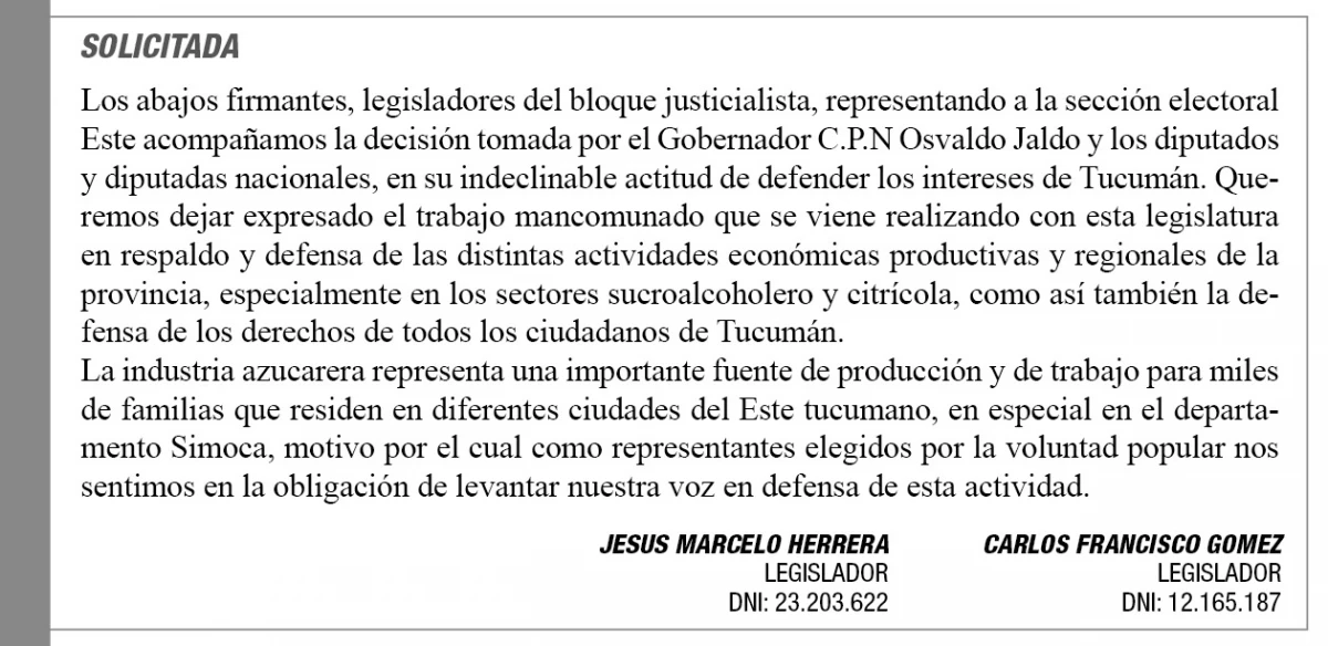 Solicitada:  el apoyo a Jaldo de los legisladores del bloque justicialista, sección electoral Este
