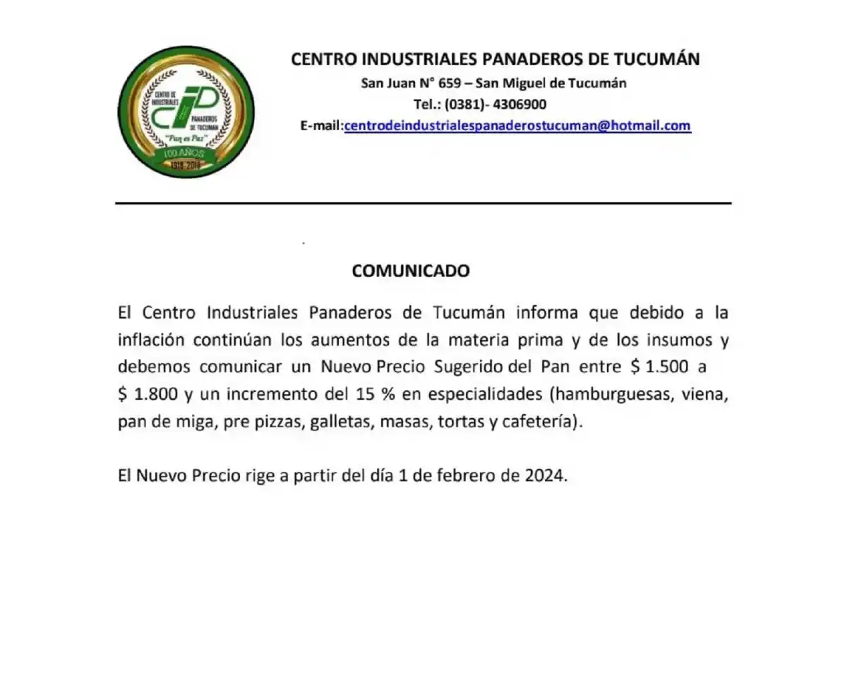 Comunicado del Centro Industriales Panaderos de la provincia