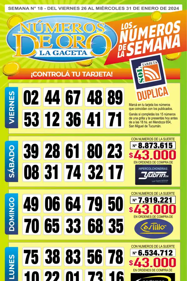 Esta es la grilla completa de los Números de Oro de LA GACETA del 31 de enero de 2024