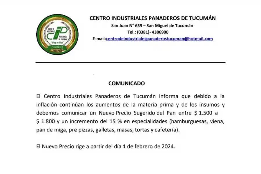 Comunicado del Centro Industriales Panaderos de la provincia