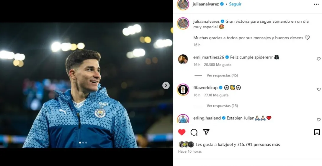 SALUDOS. En su Instagram, Julián Álvarez recibió el saludo de sus compañeros.