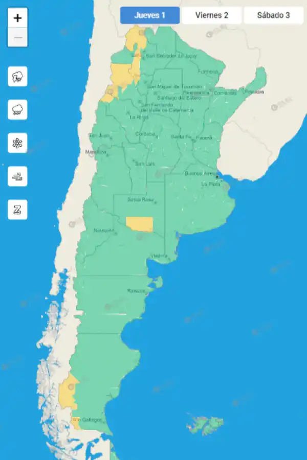 Mapa de alertas meteorológicas en Argentina