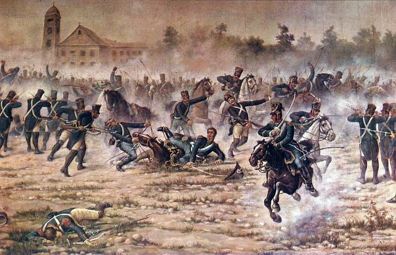 PARA RECORDAR. San Martín (al centro) casi fue herido en la batalla, pero lo salvaron sus compañeros.