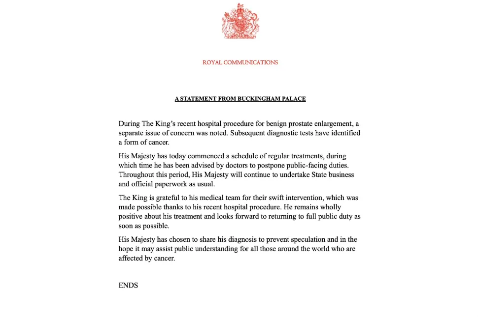 El Palacio de Buckingham anunció que el rey Carlos III tiene cáncer