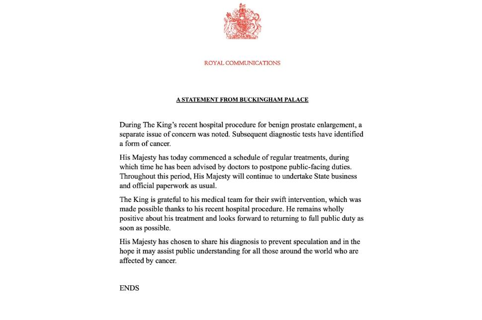 El Palacio de Buckingham anunció que el rey Carlos III tiene cáncer