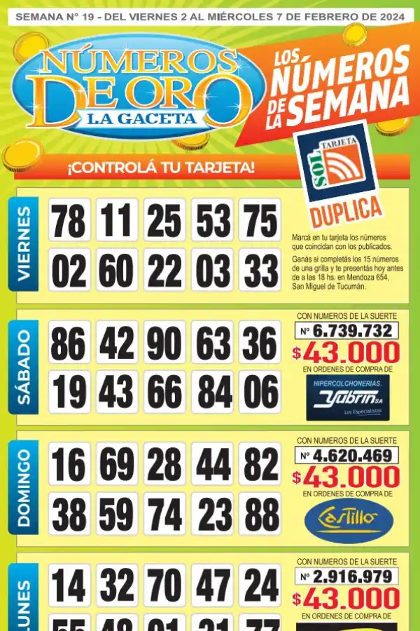 Esta es la grilla completa de los Números de Oro de LA GACETA del 7 de febrero de 2024