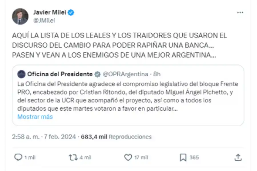 Desde Israel, Milei publicó una lista de diputados a los que calificó de traidores