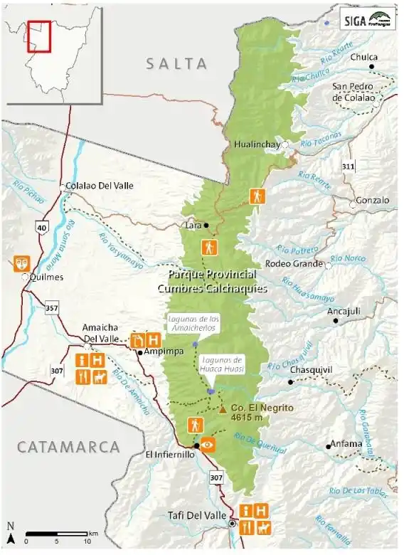 MAPA DEL PARQUE CUMBRES CALCHAQUÍES. Está al este de los Valles.