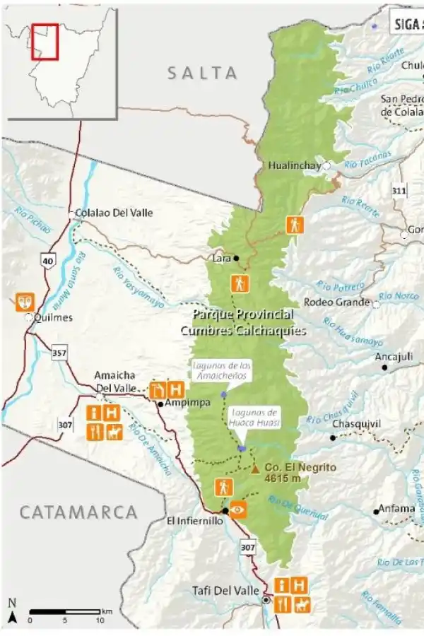 MAPA DEL PARQUE CUMBRES CALCHAQUÍES. Está al este de los Valles.