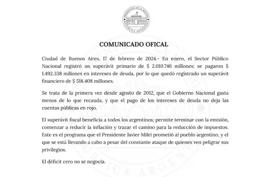 Milei ratificó que el déficit cero no se negocia y felicitó a Caputo