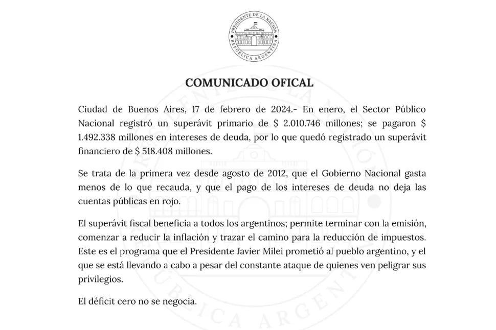 Milei ratificó que el déficit cero no se negocia y felicitó a Caputo