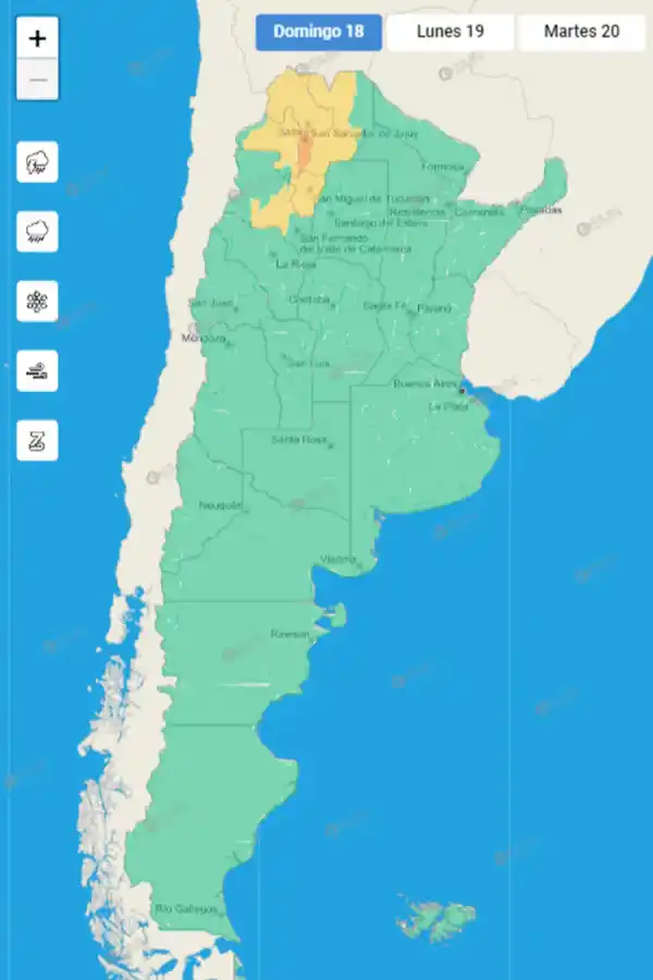 Mapa de alertas meteorológicas en Argentina
