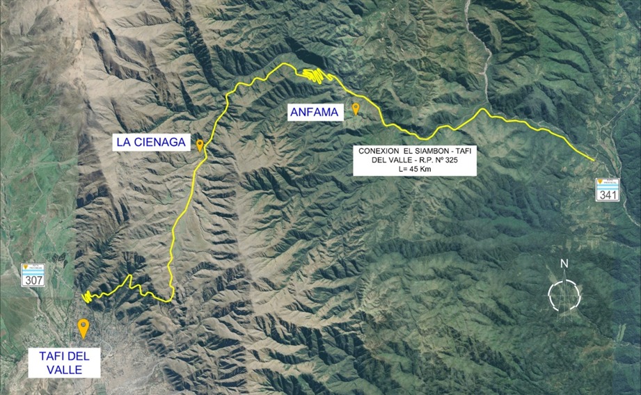 TRAZADO TENTATIVO. Los técnicos de la DPV analizan la posibilidad de subir a Tafí del Valle por una ruta denominada 325, de unos 45 kilómetros. IMAGEN GENTILEZA DPV