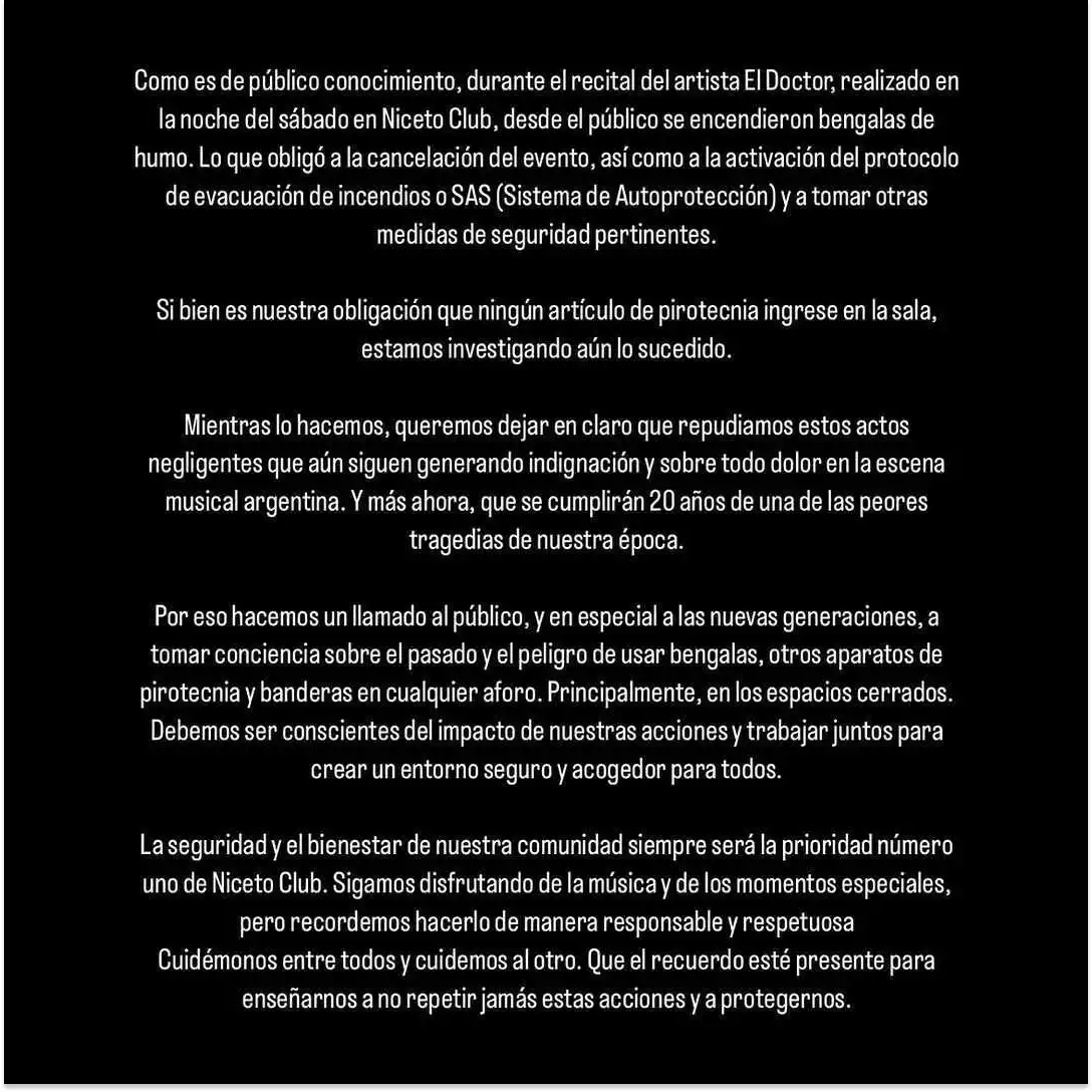 El comunicado que Niceto Club compartió en sus redes sociales
