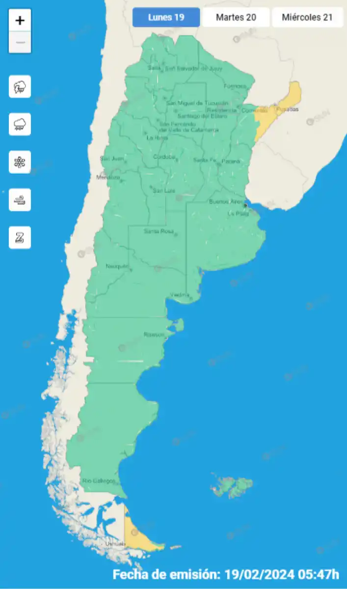 Mapa de alertas meteorológicas en Argentina