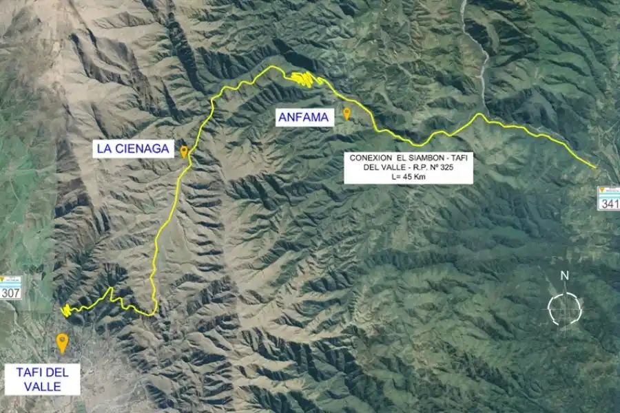 TRAZADO TENTATIVO. Los técnicos de la DPV analizan la posibilidad de subir a Tafí del Valle por una ruta denominada 325, de unos 45 kilómetros. IMAGEN GENTILEZA DPV
