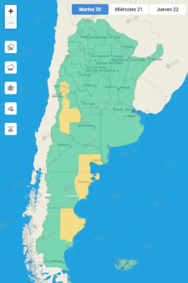 Mapa de alertas meteorológicas en Argentina