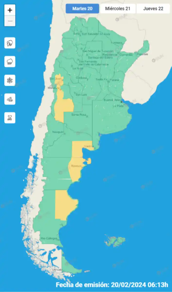 Mapa de alertas meteorológicas en Argentina