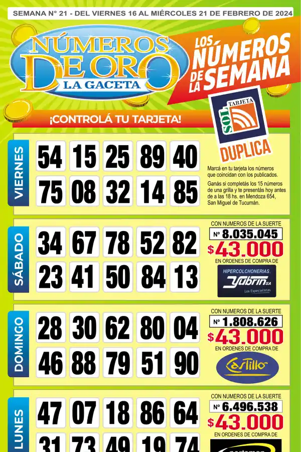Esta es la grilla completa de los Números de Oro de LA GACETA del 21 de febrero de 2024