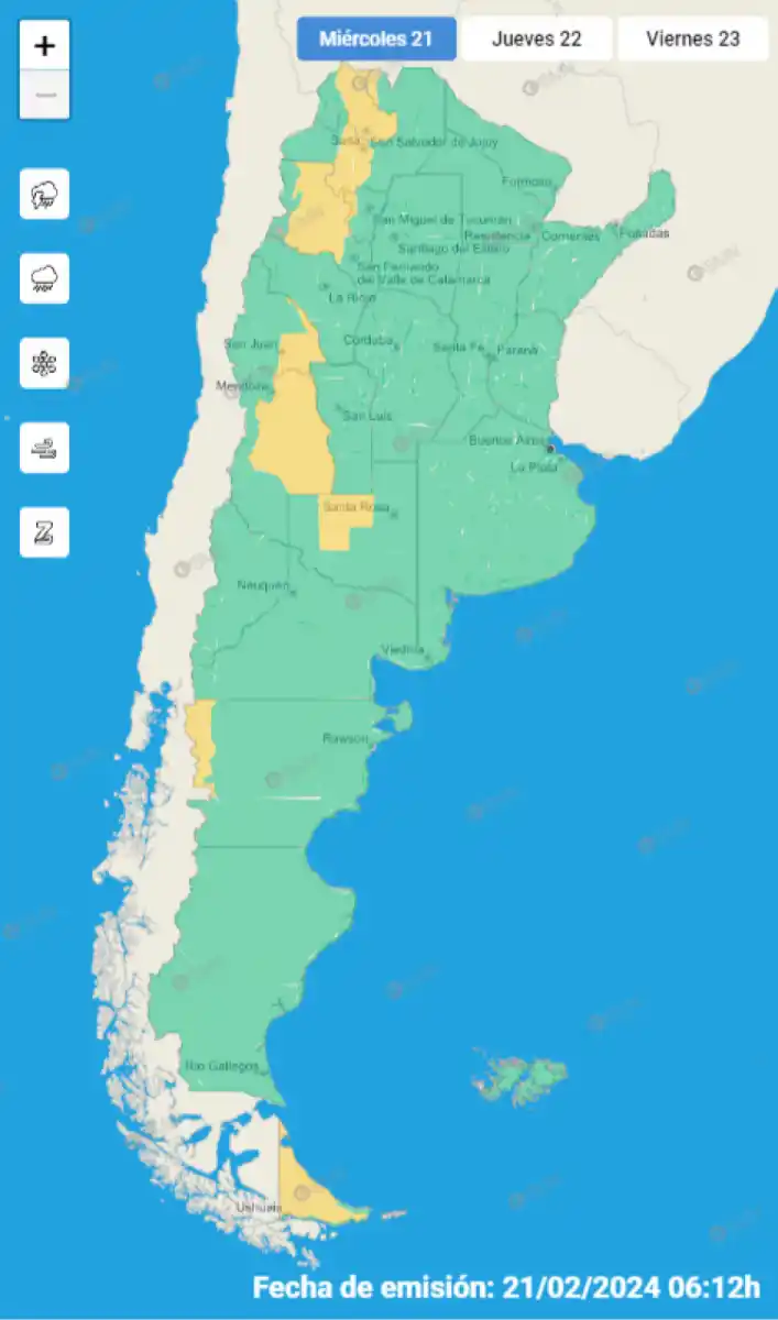 Mapa de alertas meteorológicas en Argentina