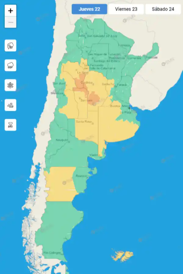 Mapa de alertas meteorológicas en Argentina