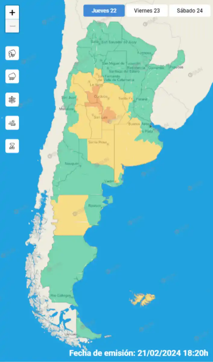 Mapa de alertas meteorológicas en Argentina