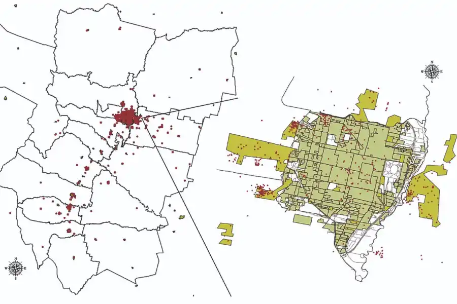 Mapa rojo (casos confirmados y probables de dengue en lo que va de 2024 en Tucumán). Mapa verde (Casos confirmados y probables de dengue en el Gran San Miguel de Tucumán).