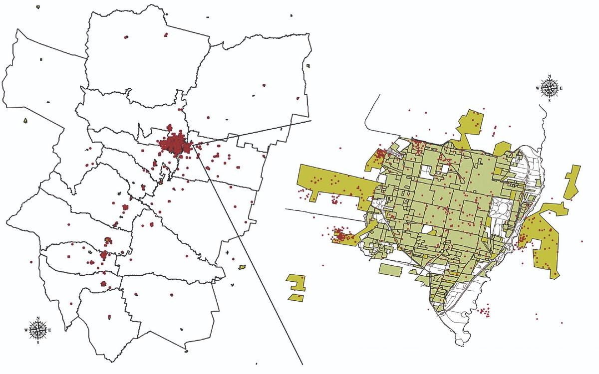 Mapa rojo (casos confirmados y probables de dengue en lo que va de 2024 en Tucumán). Mapa verde (Casos confirmados y probables de dengue en el Gran San Miguel de Tucumán).