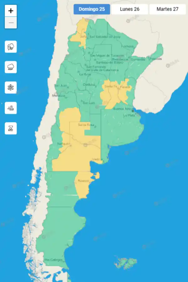 Mapa de alertas meteorológicas en Argentina