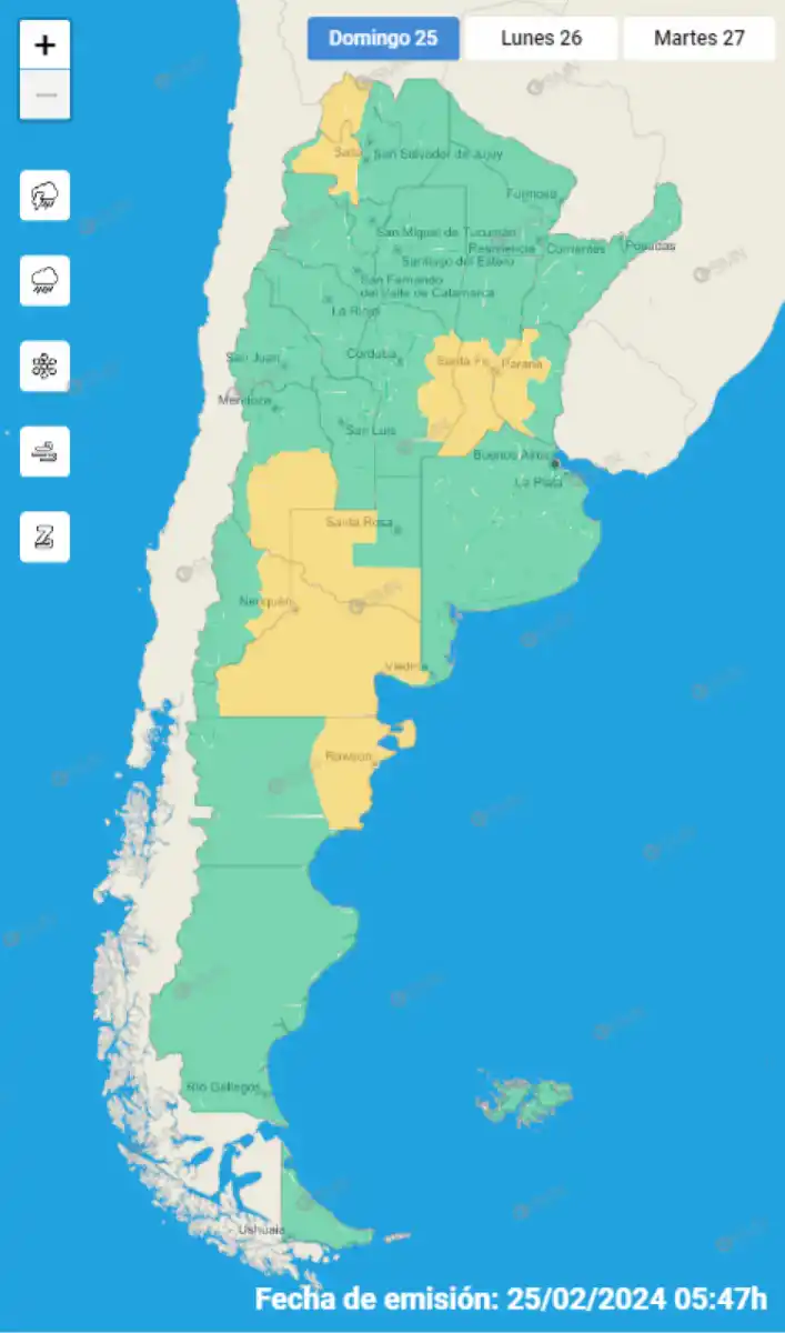 Mapa de alertas meteorológicas en Argentina