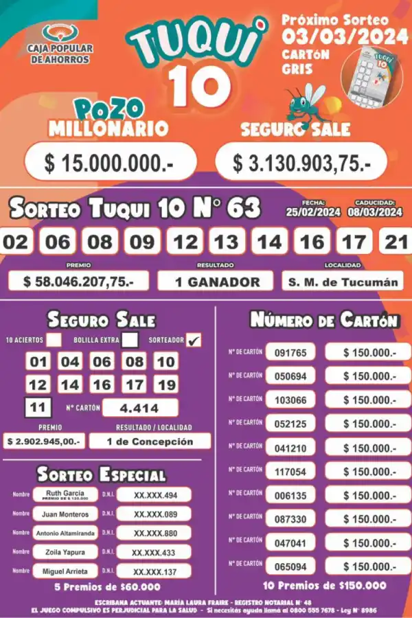 Tuqui 10: sorteo del domingo 25 de febrero