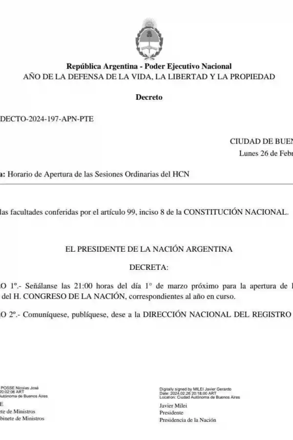Cambio sin antecedentes: Milei abrirá la Asamblea Legislativa el viernes a las 21