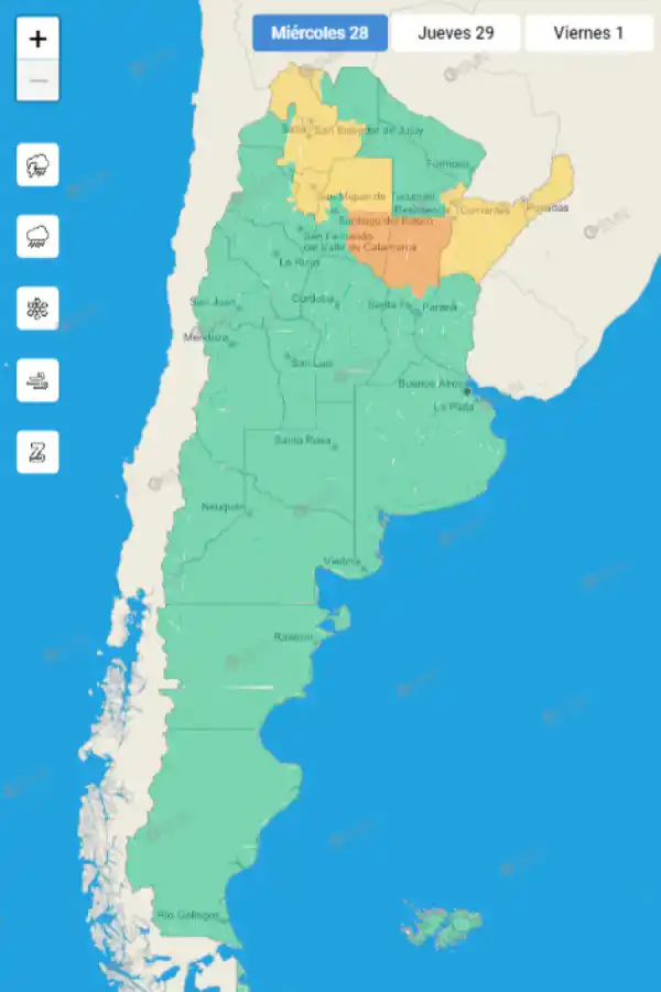 Mapa de alertas meteorológicas en Argentina