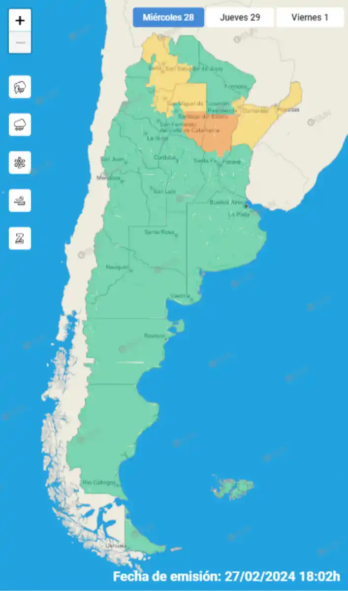 Mapa de alertas meteorológicas en Argentina