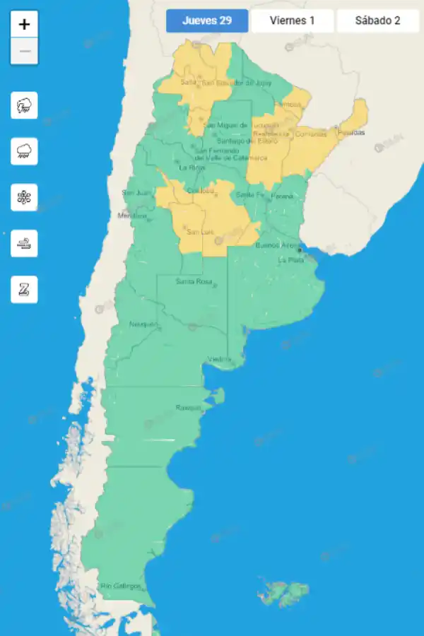 Mapa de alertas meteorológicas en Argentina