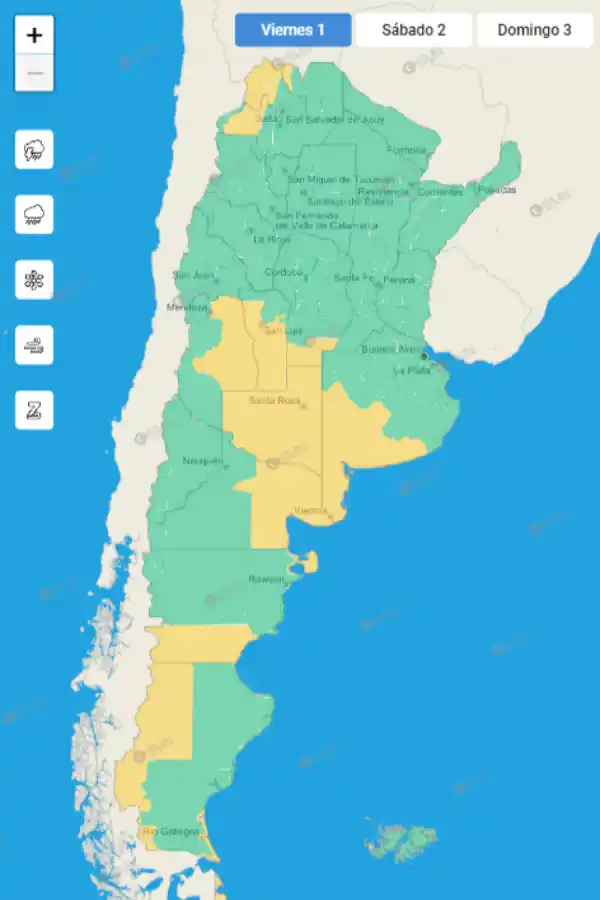 Mapa de alertas meteorológicas en Argentina