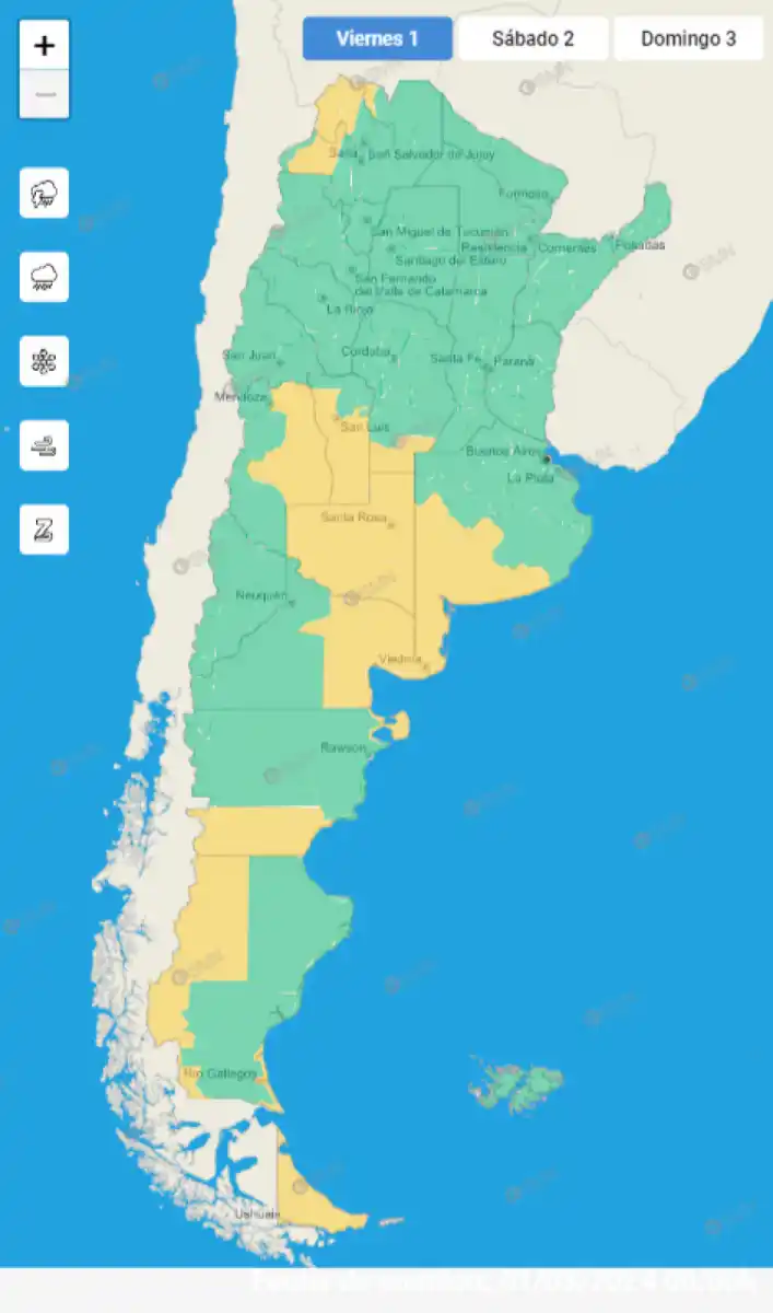 Mapa de alertas meteorológicas en Argentina