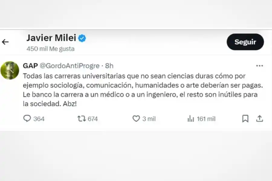 Milei le dio like a una publicación que propone arancelar universidades públicas