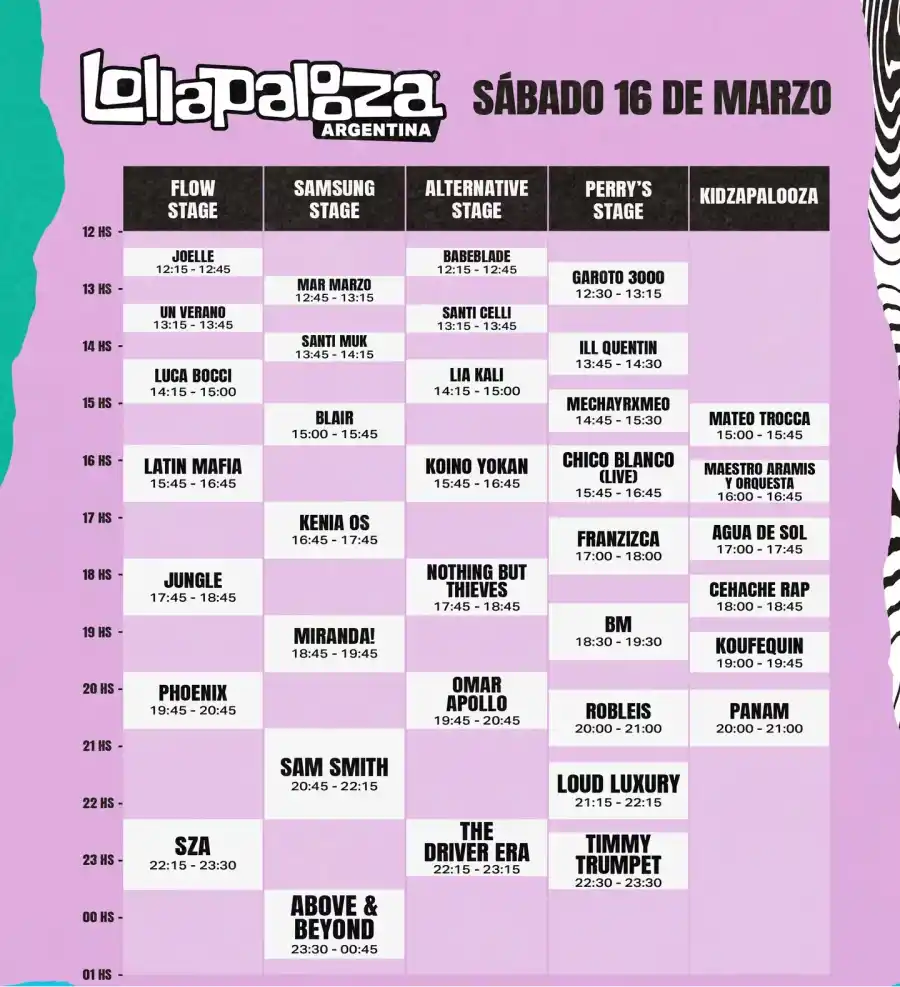 Lollapalooza 2024: grilla y horarios del sábado 16 de marzo