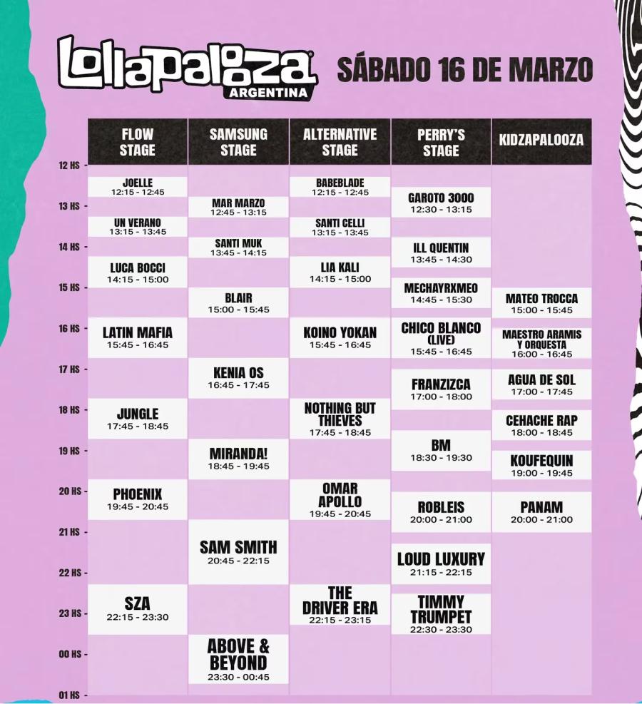 Lollapalooza 2024: grid and schedules for Saturday, March 16