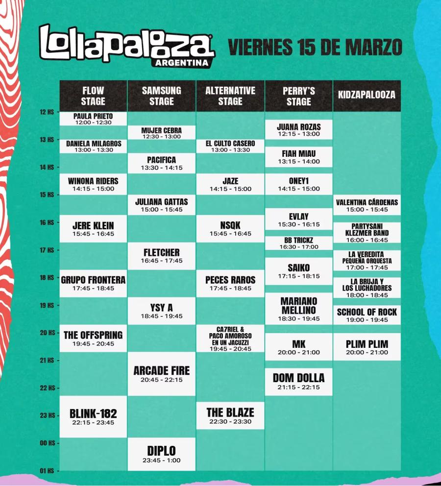 Lollapalooza 2024: grilla y horarios del viernes 15 de marzo