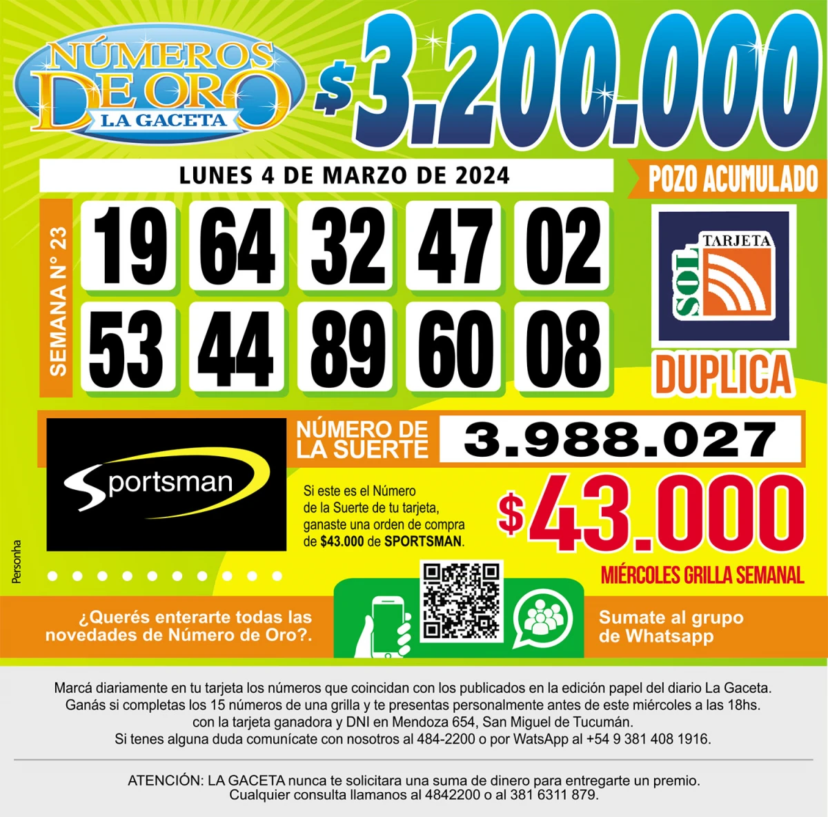 Los Números de Oro de LA GACETA del 4 de marzo de 2024