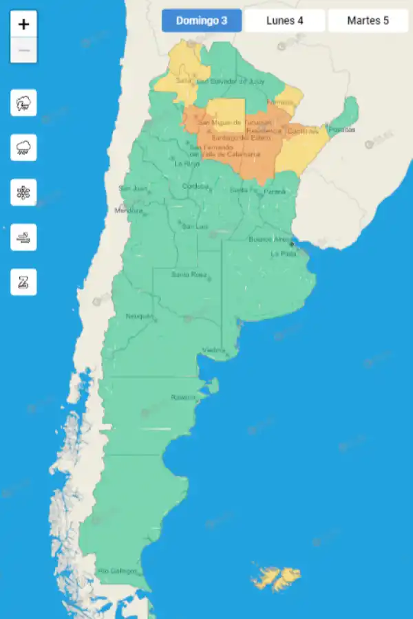 Mapa de alertas meteorológicas en Argentina