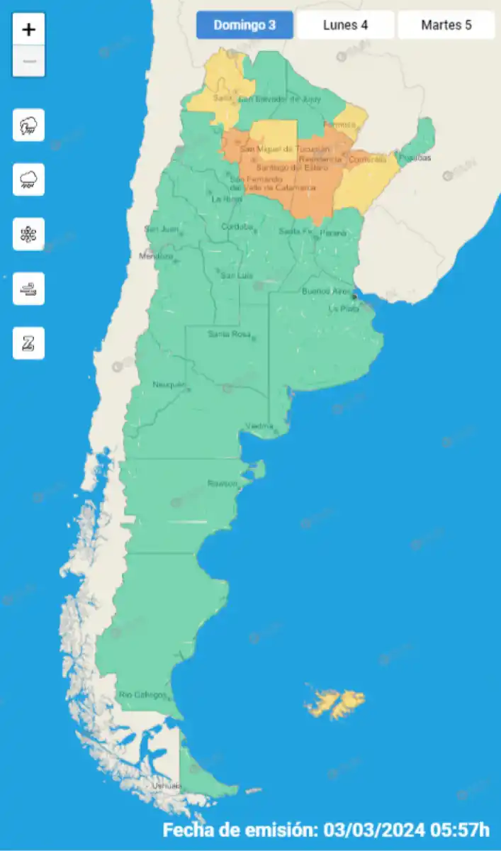 Mapa de alertas meteorológicas en Argentina