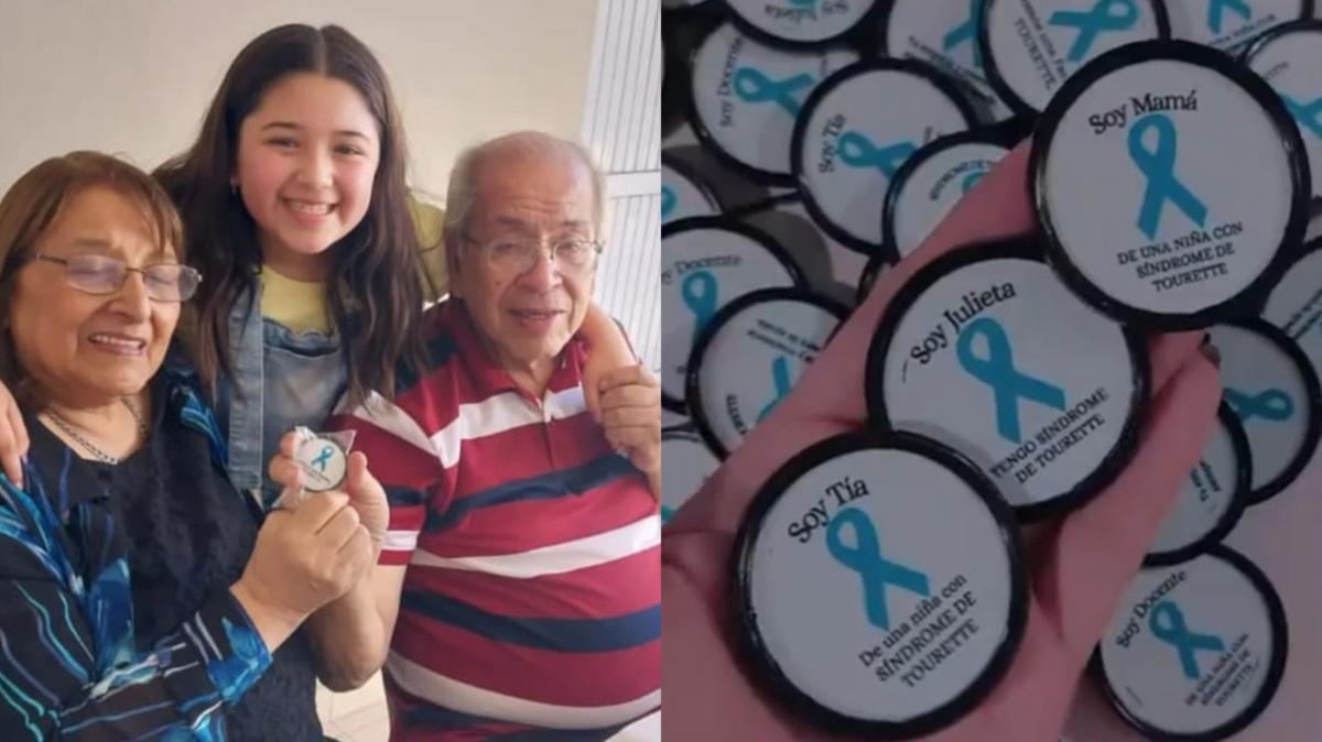 Juli junto a sus abuelos mostrando los pins de su campaña de concientización.