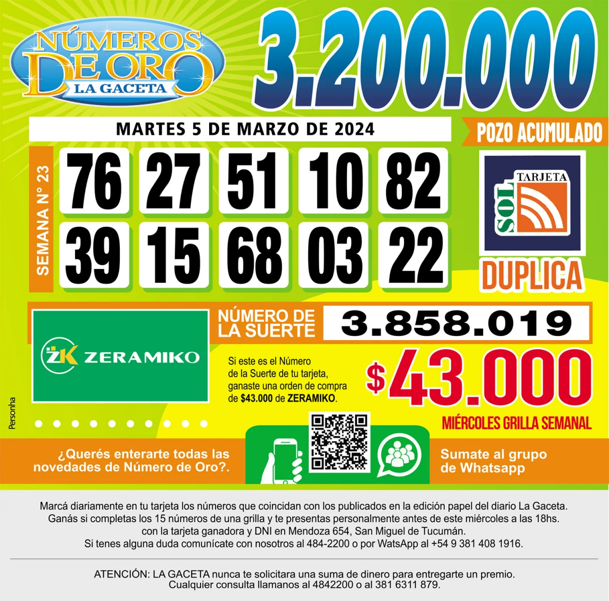 Los Números de Oro de LA GACETA del 5 de marzo de 2024