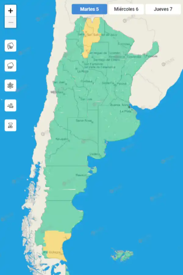 Mapa de alertas meteorológicas en Argentina